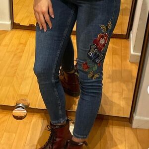 Zara Blue Skinny Jeans with Red Floral Embroidery